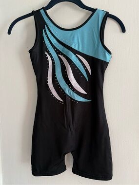 Gymnastics Leotard Black with Teal & White Swoosh Size 8-9